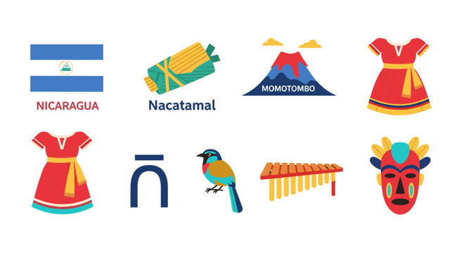 Nicaragua cultural symbols including flag, food, volcano, clothing, bird, and mask