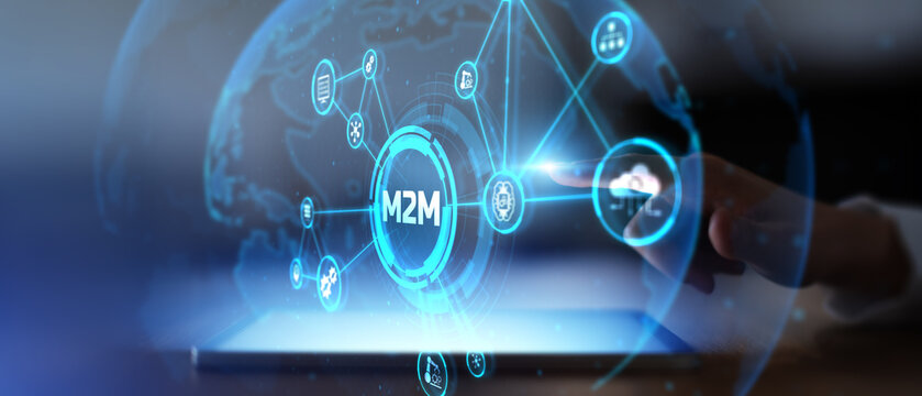Machine to Machine M2M Communication and Automation Technology Illustrated on Digital Wide Banner.