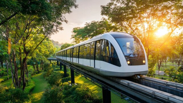 Modern monorail train traveling through a green park at sunrise, showcasing futuristic sustainable transport and urban development