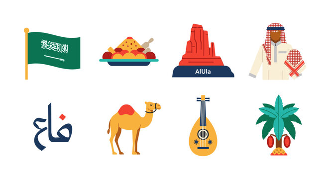 Saudi Arabia cultural icons collection: flag, food, landmark, man, Arabic script, camel, oud, and palm tree