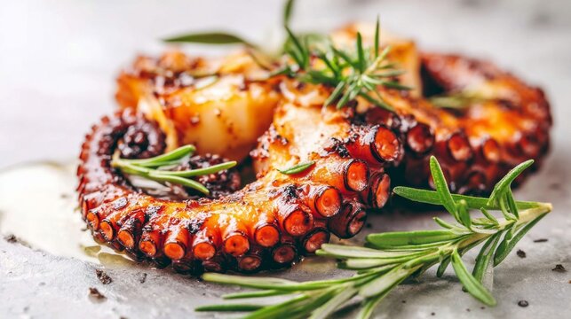 Grilled octopus tentacles served on a plate with fresh rosemary, a delicious gourmet seafood starter