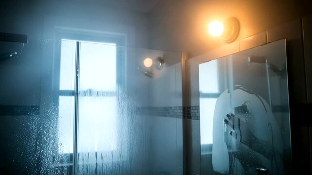 Hand on fogged glass in a bathroom shower scene