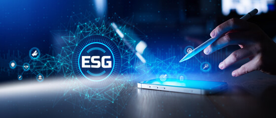 ESG Environmental Social Governance Strategy and Sustainability Concept Visualized on Smartphone Interface.