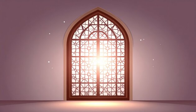 An ornate arched window with intricate geometric patterns, letting in a bright, radiant sunbeam.