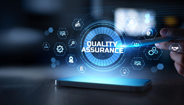 Quality Assurance and Control System Interface with Certification and Workflow Icons on Digital Touchscreen.