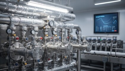 Medium shot focusing on a complex valve array regulated by AI algorithms ensuring minimal water waste during automated ice making cycles in an industrial setting.