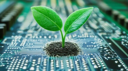 Digital evolution shows a seedling growing from a circuit board, highlighting the blend of nature and technology in a modern setting