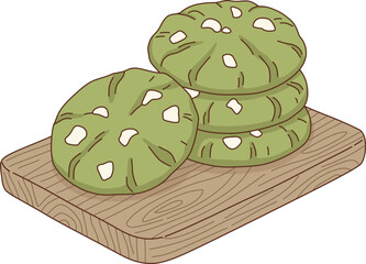 Matcha Green Tea Cookies with White Chocolate Chips Illustration on Wooden Board for Bakery and Cafe Dessert