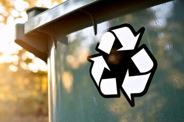 Close-up of recycling symbol sticker on weathered green garbage can. Warm sunlight filters through trees, highlighting eco-friendly message
