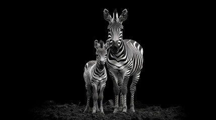 Naklejka premium A black-and-white portrait of a zebra with her foal against a dark background will make an expressive backdrop for themes of ecology, wildlife or family values.