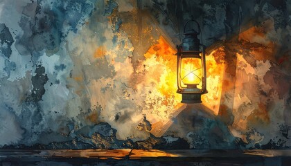 An old kerosene lantern casting a warm glow against a textured, abstract background with hints of blue and orange.