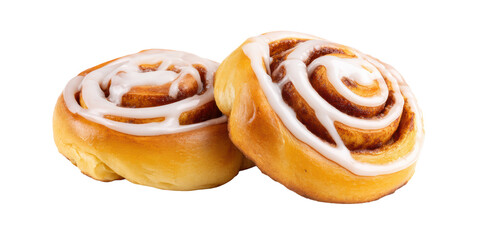 Fototapeta premium Two Delicious Homemade Cinnamon Rolls with Sweet Sugar Frosting Glaze Drizzled Over the Top Isolated on a Clean Transparent Background.