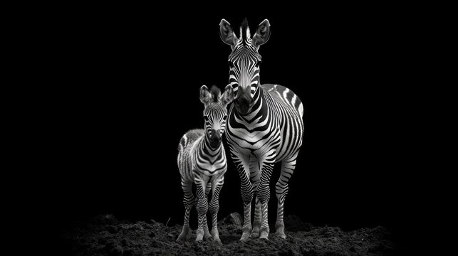 A black-and-white portrait of a zebra with her foal against a dark background will make an expressive backdrop for themes of ecology, wildlife or family values.