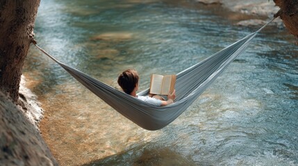 Young man is enjoying reading a book while relaxing in a hammock hanging over a beautiful flowing river, embracing tranquility and connecting with nature