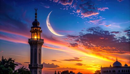 Beautiful mosque minaret and dome illuminated against a vibrant sunset sky with a crescent moon.
