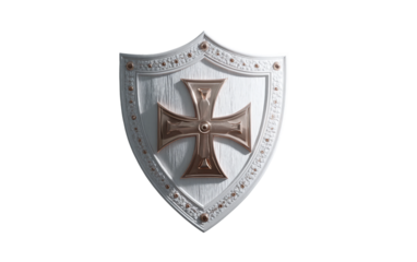 Glossy shield with embossed cross design featuring polished surface ideal for medieval, fantasy, and heraldry visual projects isolated on transparent background PNG