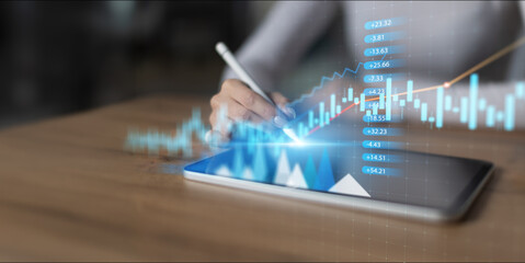 Touchscreen Financial Analytics and Interactive Stock Market Graph on Virtual Screen.
