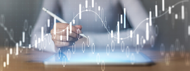 Candlestick Chart Analysis and Trading Interface Projected on Virtual Screen.