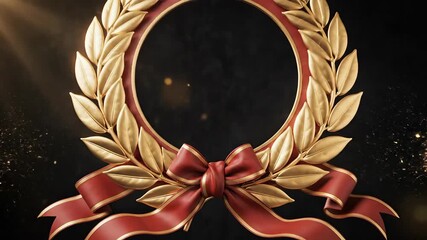 A majestic golden laurel wreath symbolizing victory and achievement elegantly adorned with a rich red ribbon and bow set against a shimmering dark background with sparkling golden dust and ethereal l.
