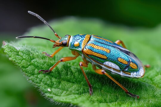 Colorful Jewel Bug on a Vibrant Green Leaf