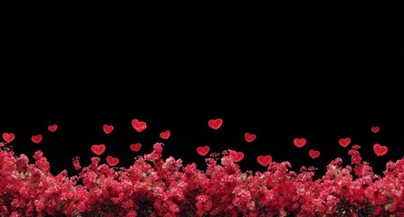 Red hearts falling over a border of pink flowers on black