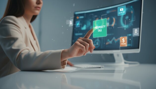 Businesswoman interacting with a digital interface on a curved monitor, tapping property tax and managing various financial data, income tax, and utilities online in a modern office environment - Powered by Adobe