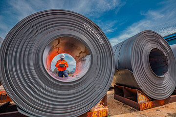 Engineer one worker man inspection on hole rolls of metal carbon steel sheets outside the factory