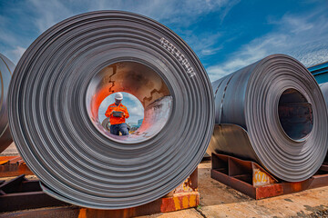 Engineer one worker man inspection on hole rolls of metal carbon steel sheets outside the factory