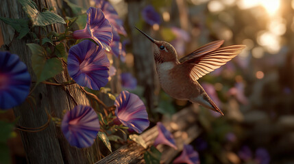 Hummingbird feeding from purple morning glory flowers on a rustic fence in warm sunset light