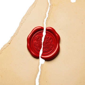 Red wax seal on torn parchment paper with background isolated on a transparent background image