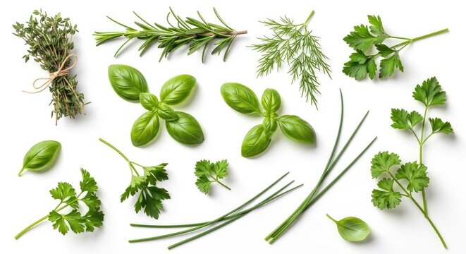 A variety of fresh herbs arranged on a white background, including basil, rosemary, thyme, and parsley.