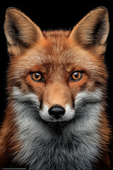 Close up portrait of a red fox face with intense eyes isolated on a black background