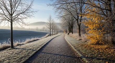 Road through frosted landscape with bare trees and distant hills on a sunny day
