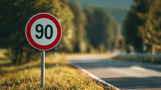 Speed limit sign indicating 90 kilometers per hour on a rural road surrounded by green trees and sunlight during a clear day