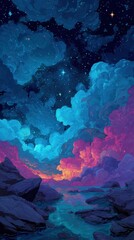 Colorful sky with clouds and stars over a serene body of water at dusk