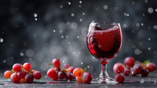 Vibrant red grape juice splash in elegant glass surrounded by fresh grapes