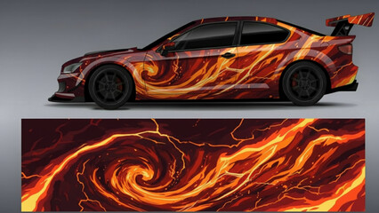 A sports car with a vibrant, custom fiery lava and flame wrap design, showcasing the full graphic pattern below. © DB stock