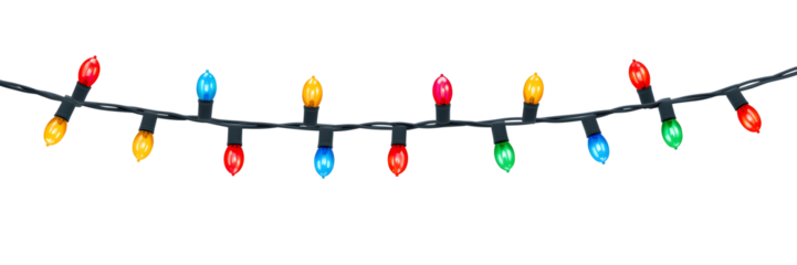 Vibrant Christmas lights on a string against black background