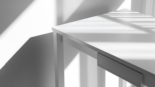 Modern, minimalist interior scene, with a white table and strong light patterns