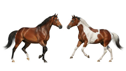 Obraz premium Two brown horses, one with pinto markings, walking on a white background