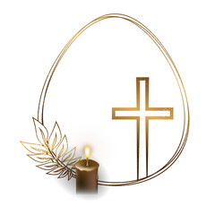 Happy Easter. Isolated design element featuring a gold-colored egg with a cross and candles.