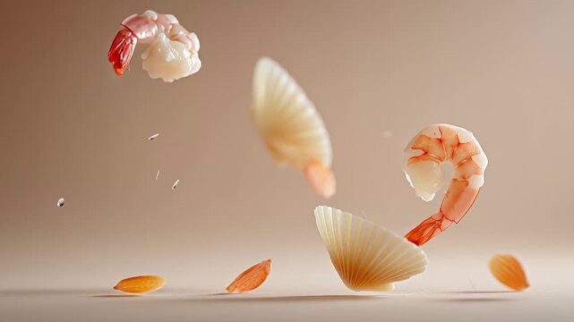 Floating shrimp and sea shells against beige background