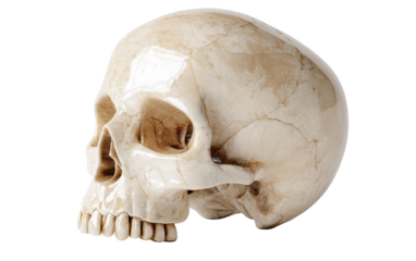 Realistic human skull with refined bone texture suitable for classroom, research, and professional medical illustrations isolated on transparent background PNG