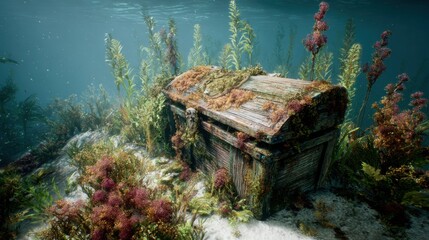 Treasure chest resting on the ocean floor surrounded by underwater plants and colorful marine life