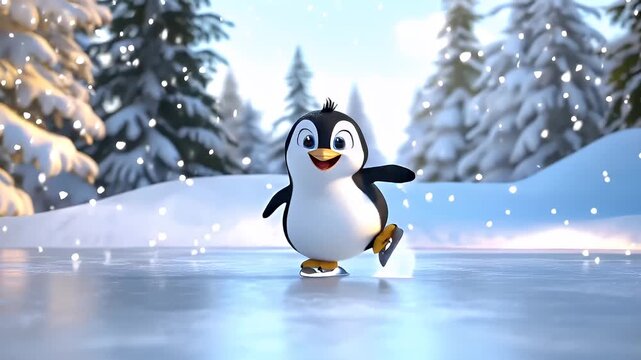 A 3D animated penguin character in a snowy landscape with trees in the background. The penguin is depicted in a cartoonish style, with a white body, black wings, and a yellow beak.