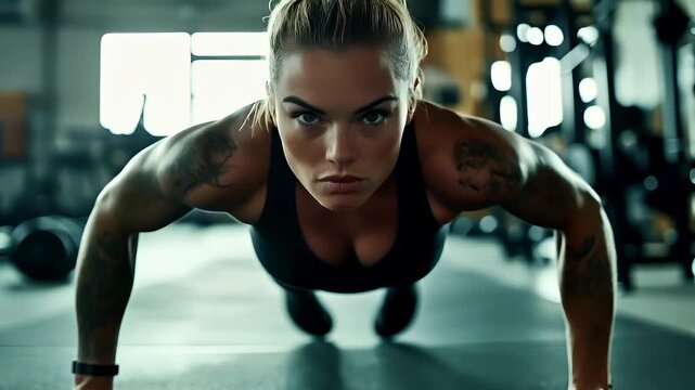 Fitness. Exercise. New Year resolution. Healthy lifestyle theme. A woman in a gym setting is performing a pushup exercise. She has tattoos on her arms and legs.