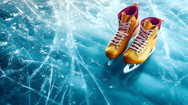 A pair of yellow ice skates with purple laces on a blue ice surface.