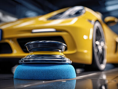 Blue foam polishing pad with a rotary polisher in front of a shiny yellow sports car inside a bright garage workshop environment