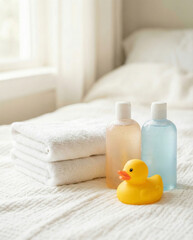 Baby bath accessories including yellow rubber duck, stack of white towels and shampoo bottles on bed in bright room