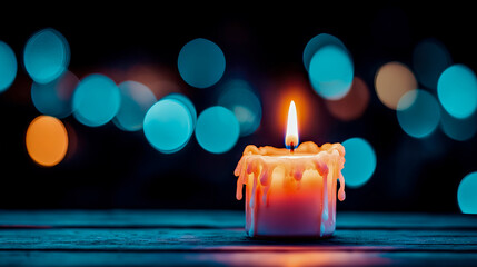 Single glowing candle with dripping wax illuminates darkness, contrasted by abstract cyan bokeh lights creating peaceful, contemplative atmosphere.